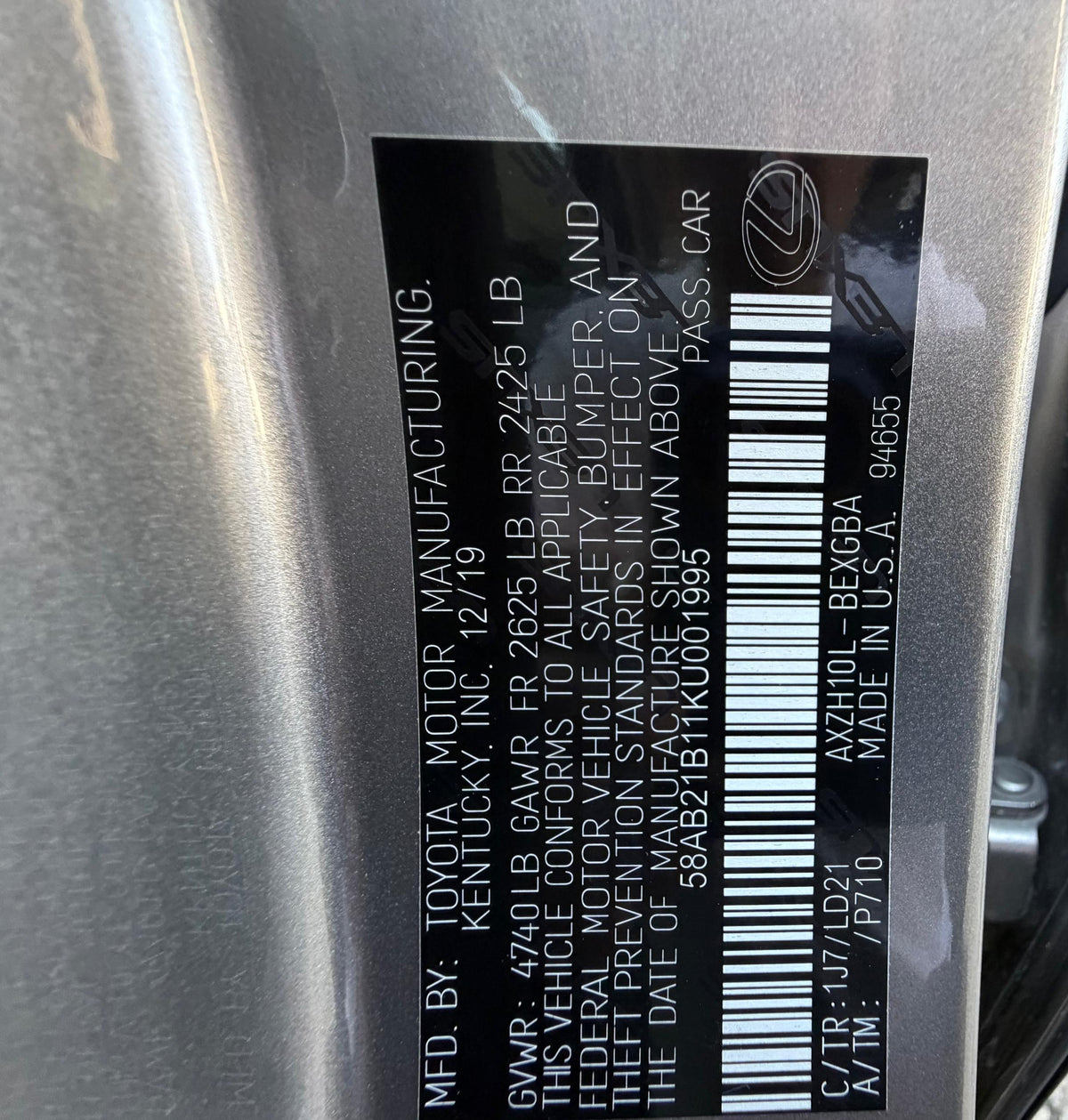 2020 Lexus ES 300h Silver 2.5L – VIN 58AB21B11KU001995